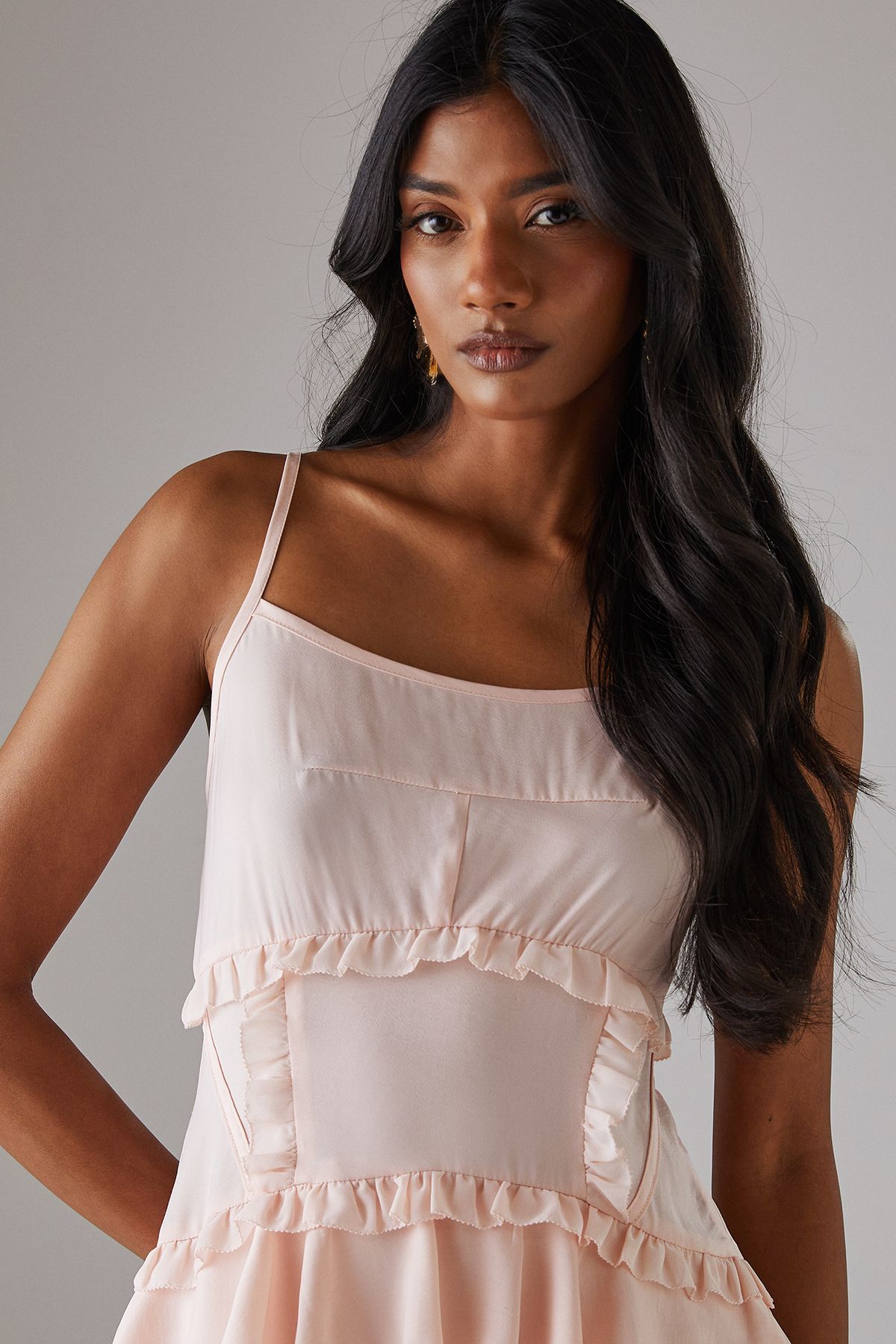 Warehouse Satin Strappy Seam Detail Peplum Midi Dress Soft Pink image 2