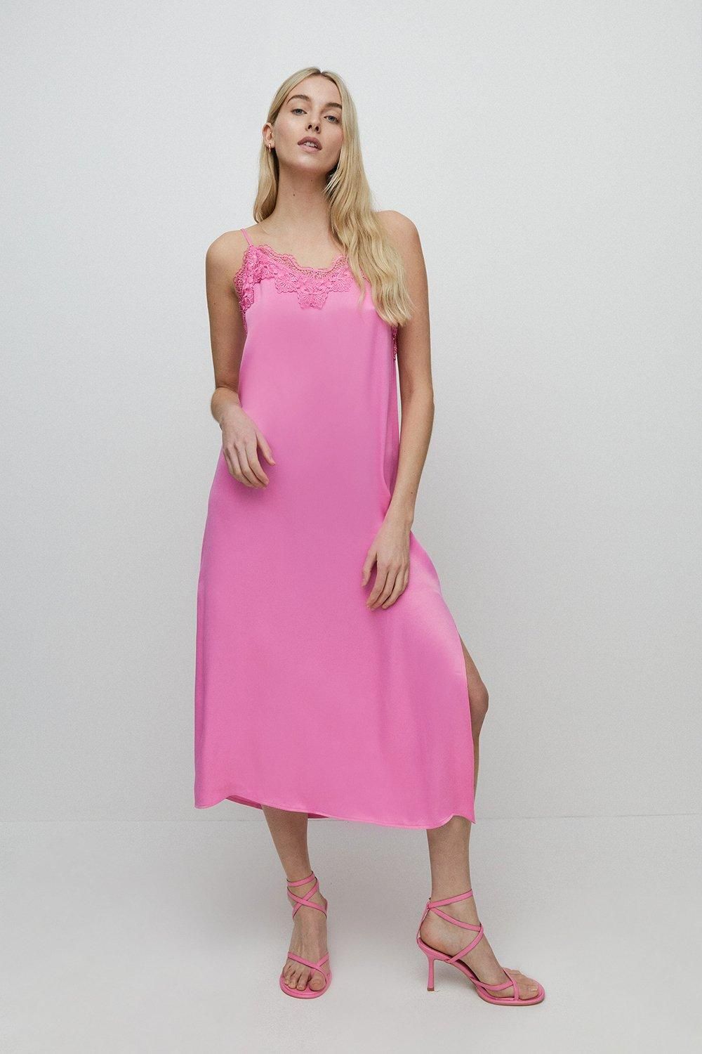 Warehouse Petite Satin Lace Cami Dress Pink image 2