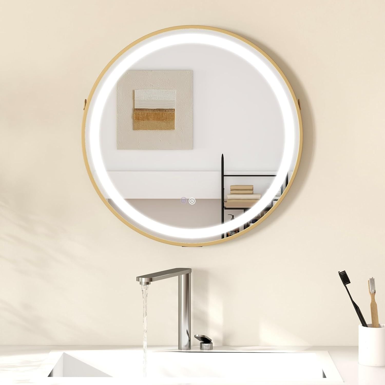 Gymax 60 x 60 CM Bathroom Wall Mirror With Hanging Strap 3 Colors LED Light image 6