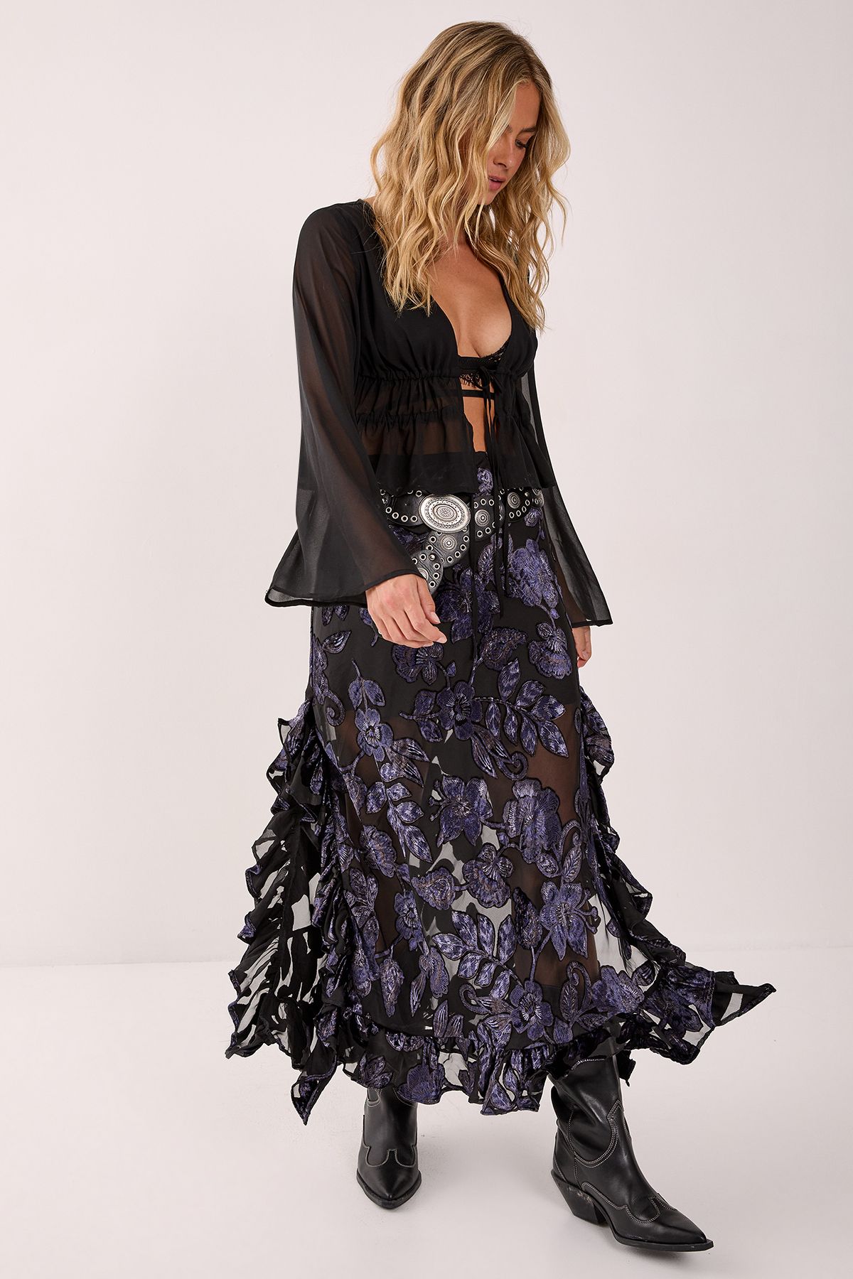 NastyGal Floral Devore Ruffle Maxi Skirt Black image 1