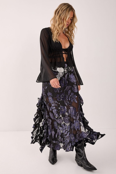 NastyGal Floral Devore Ruffle Maxi Skirt Black