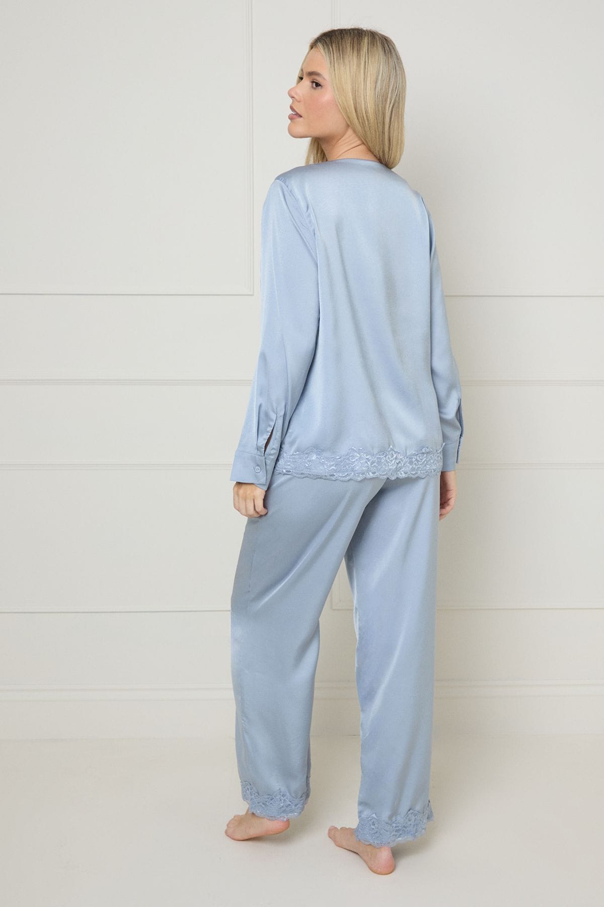 Oasis Satin Wide Fit Lace Trim Pyjama Set Blue image 3