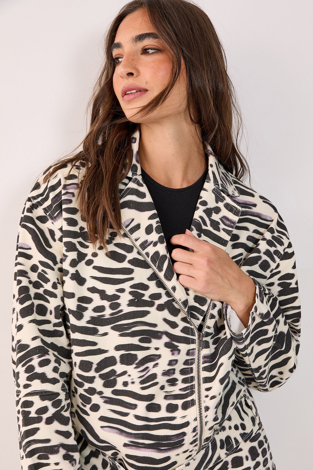 NastyGal Denim Animal Print Biker Jacket White image 1