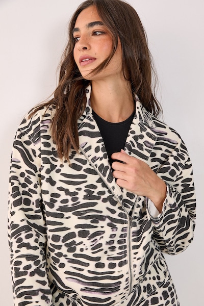 NastyGal Denim Animal Print Biker Jacket White
