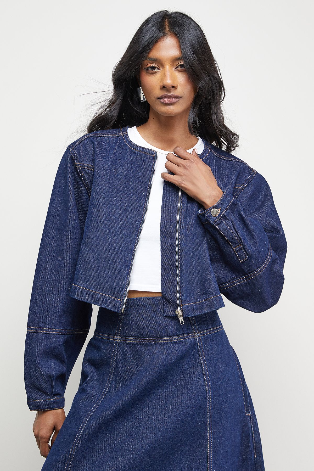 Warehouse Denim Zip Front Drawstring Hem Top Co-ord Indigo image 1