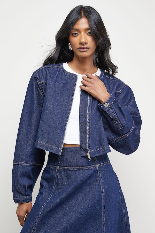 Warehouse Denim Zip Front Drawstring Hem Top Co-ord Indigo