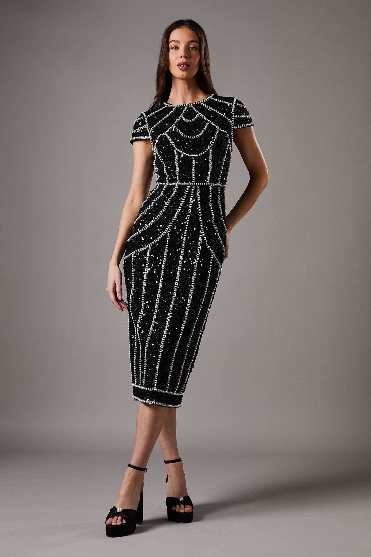 Coast Pearl Embellished Cap Sleeve Column Black Maxi Dress Black image 1