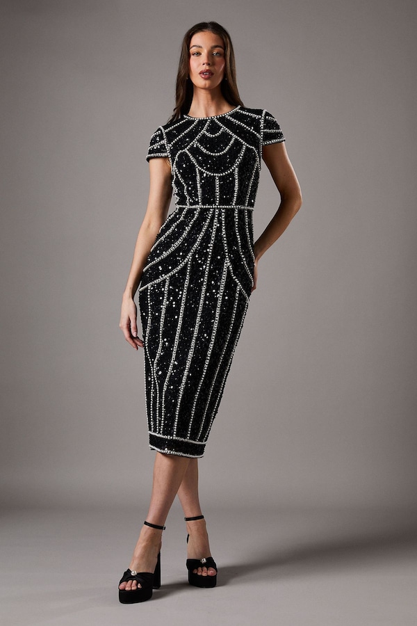 Coast Pearl Embellished Cap Sleeve Column Black Maxi Dress Black