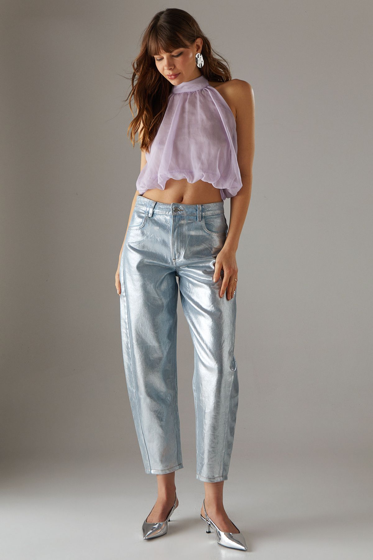 Warehouse Chiffon Halter Bubble Crop Top Lilac image 2