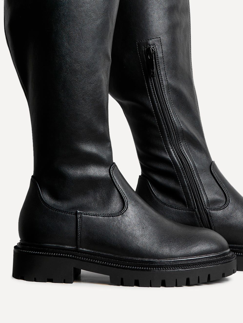 Linzi Briody Wide Fit Black Faux Leather Knee High Stretch Boot image 4