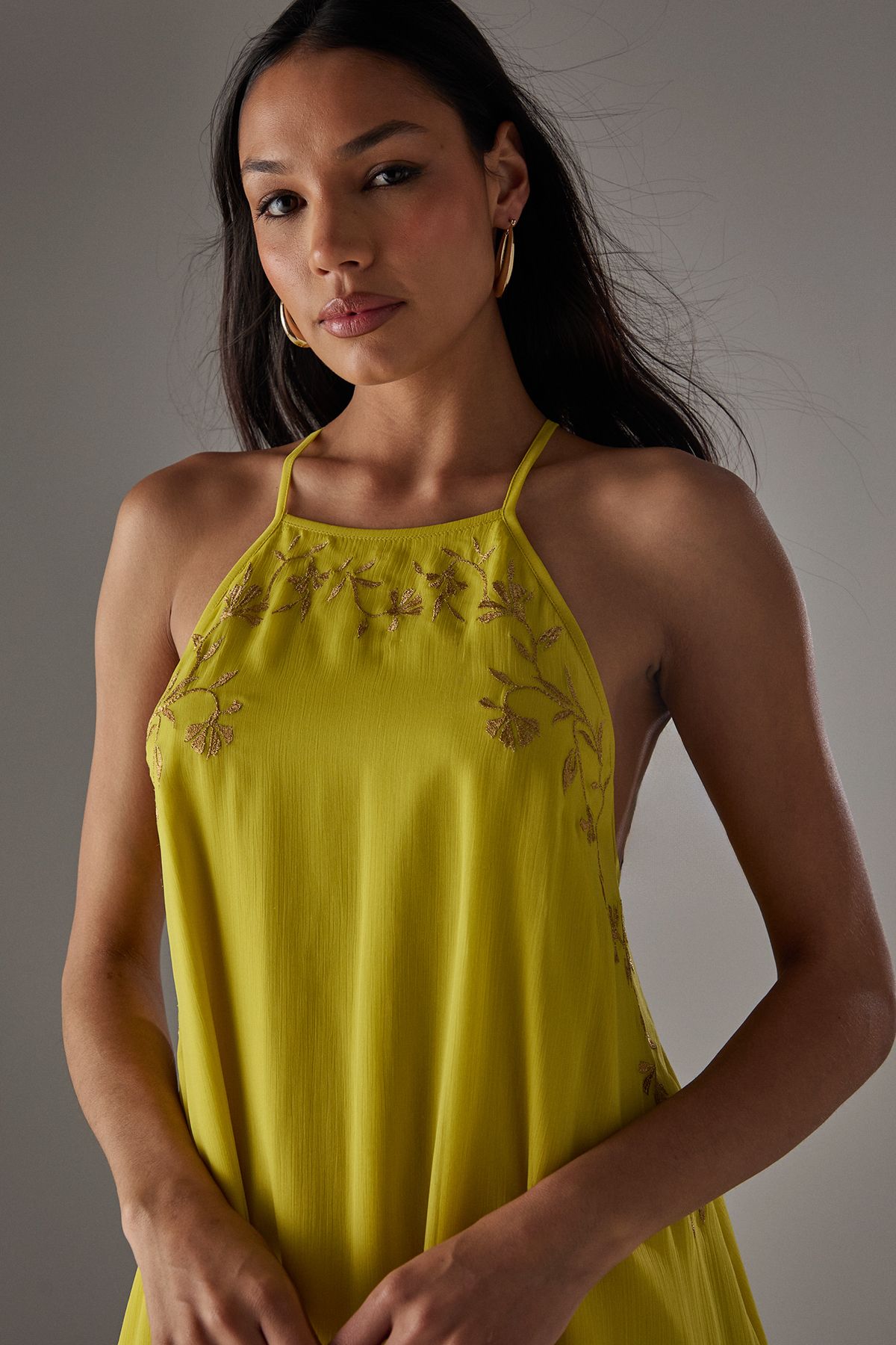 Warehouse HCD Chiffon Embroidered Halter Mini Dress Chartreuse image 2