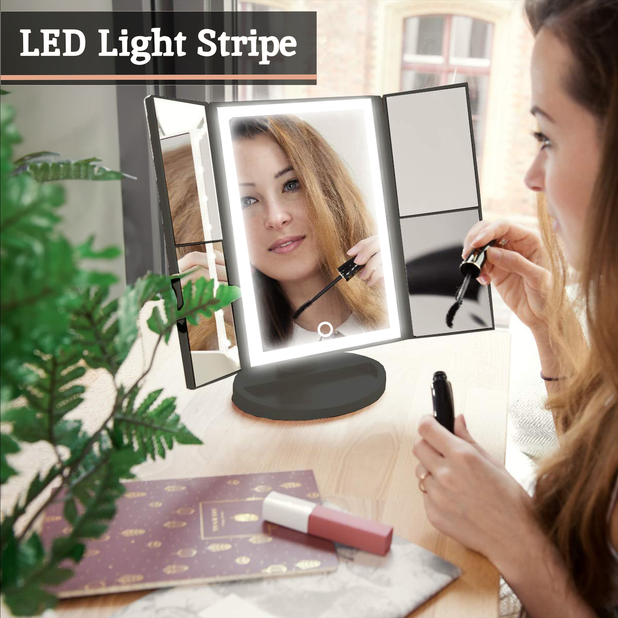 Orsina 180 Degree Rotatable Tri Fold White Table Mirror, TriFold Design Table Mirror, Versatile Small Table Mirror image 6