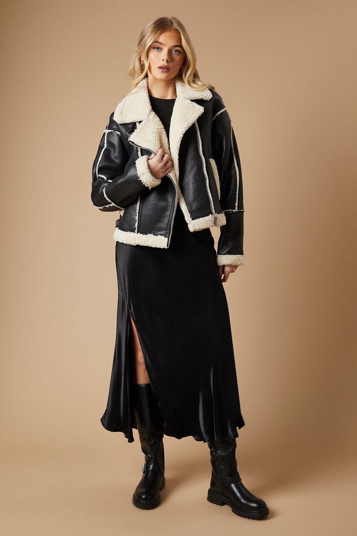 Oasis PU Borg Detail Collared Zip Jacket Black image 1