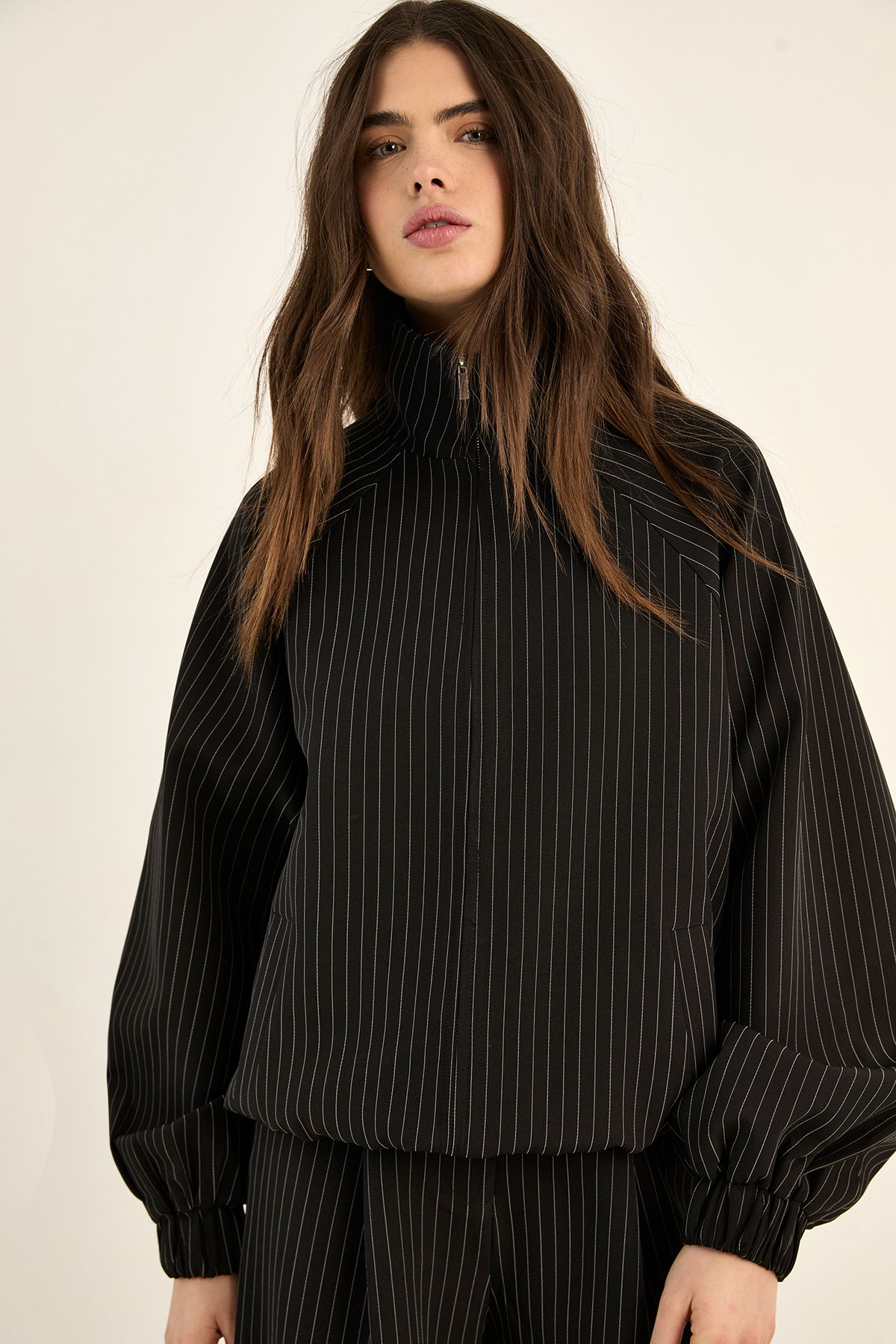 NastyGal Pinstripe Tailored Funnel Neck Track Jacket Black image 1