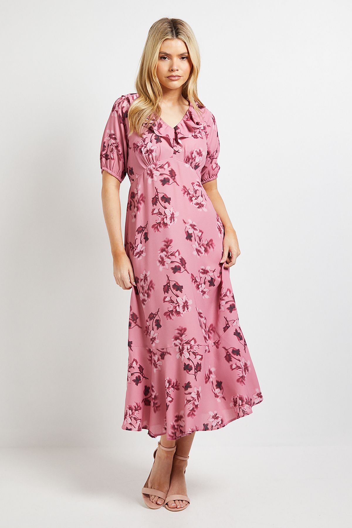 Dorothy Perkins Pink Floral Frill Neck Puff Sleeve Maxi Dress Floral