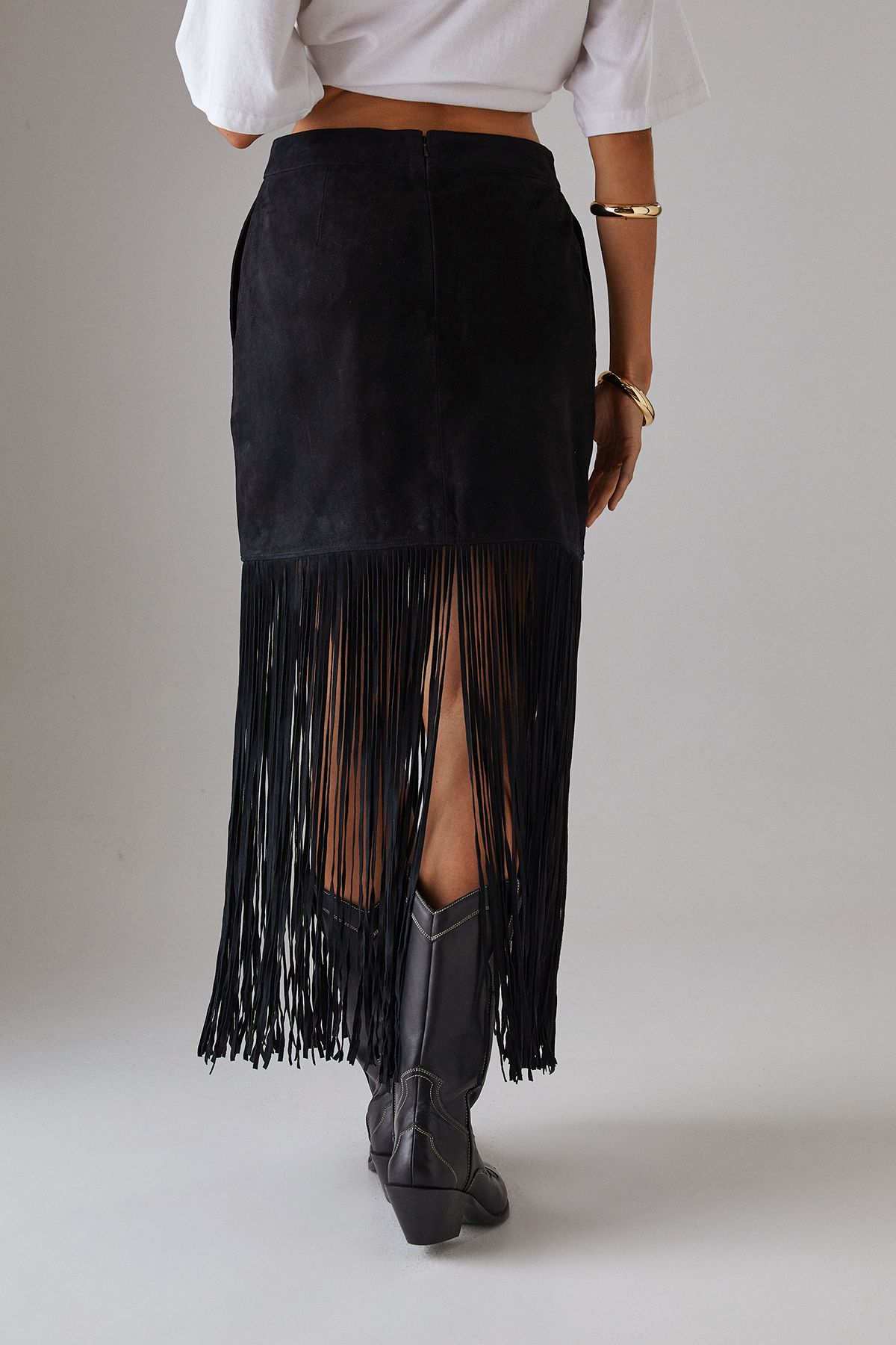 Warehouse Real Suede Fringed Maxi Skirt Black image 3