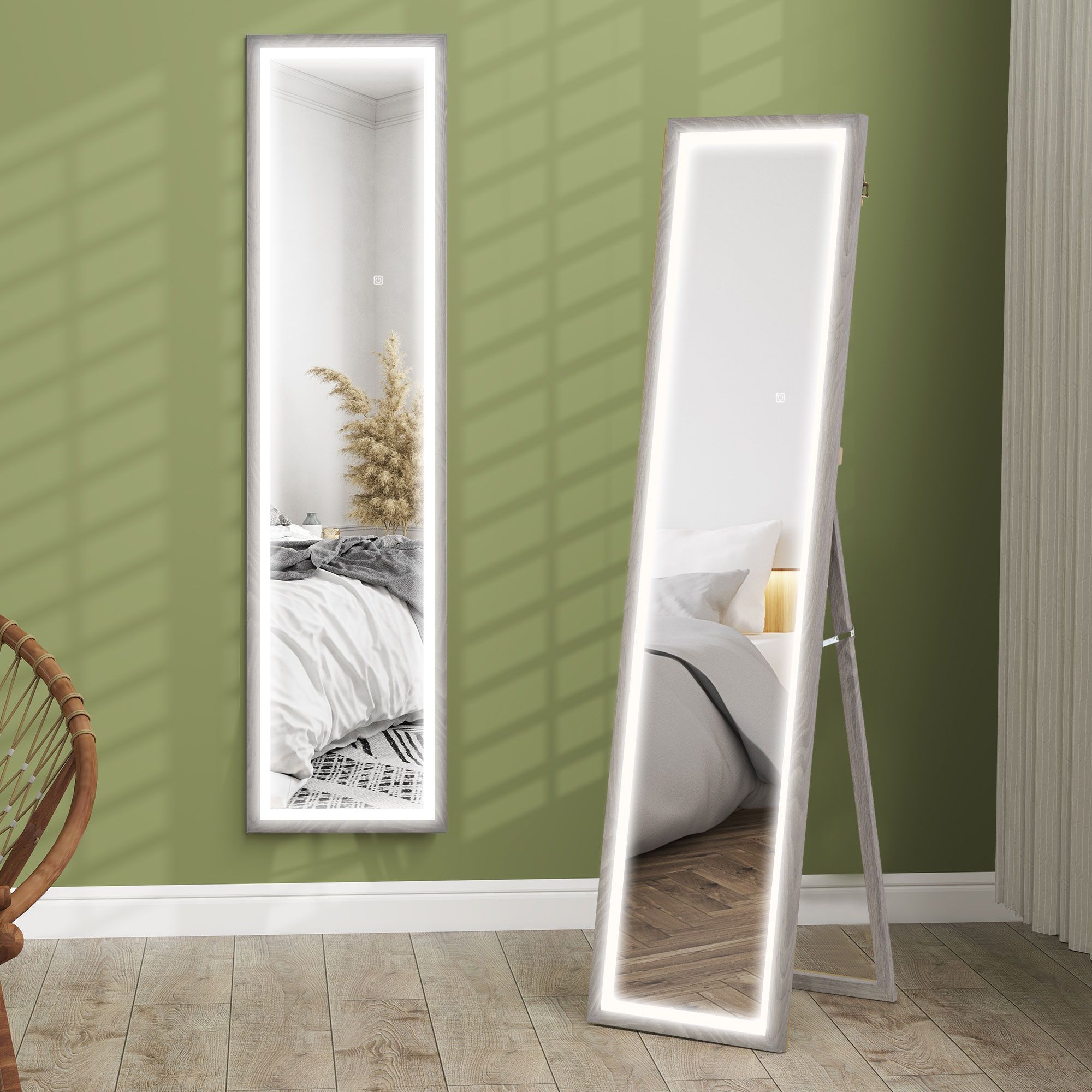 HOMCOM Dimming Full Length Mirror w/ Lights Standing Leaning Wall Mount Grey image 2