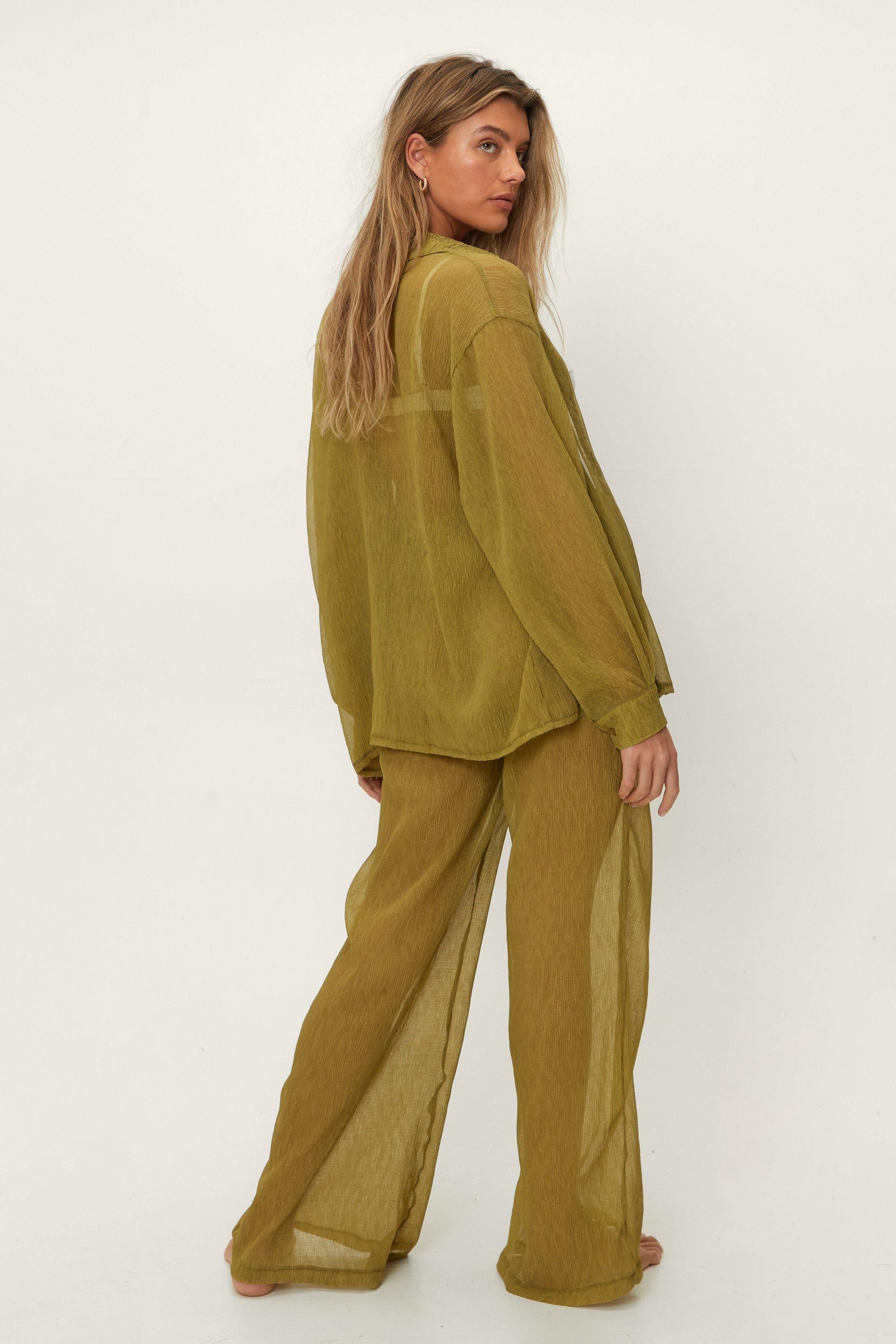 NastyGal Plisse Wide Leg Beach Pants Khaki image 3