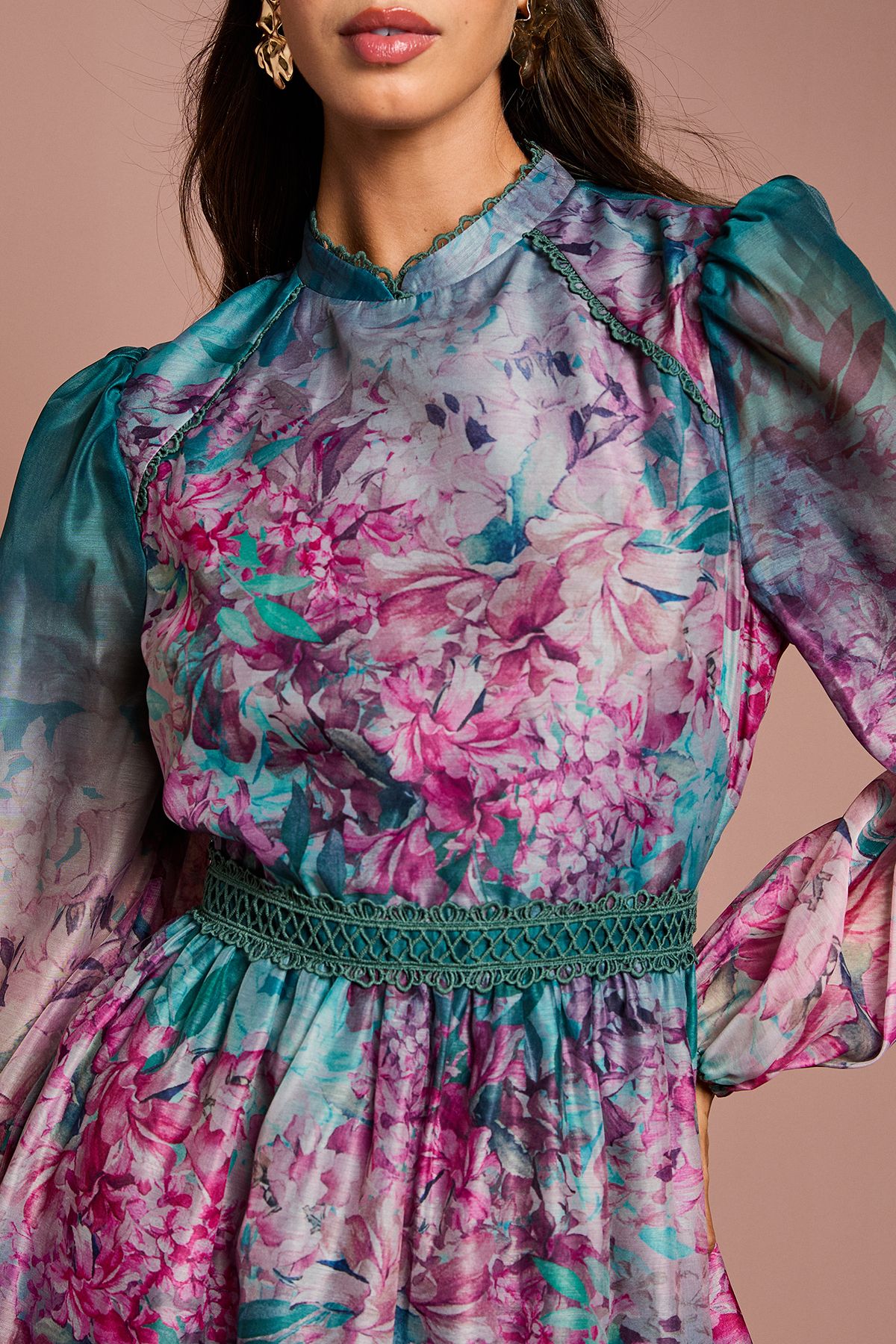 Coast Long Sleeve Organza Mini Dress With Floral Print Teal image 4
