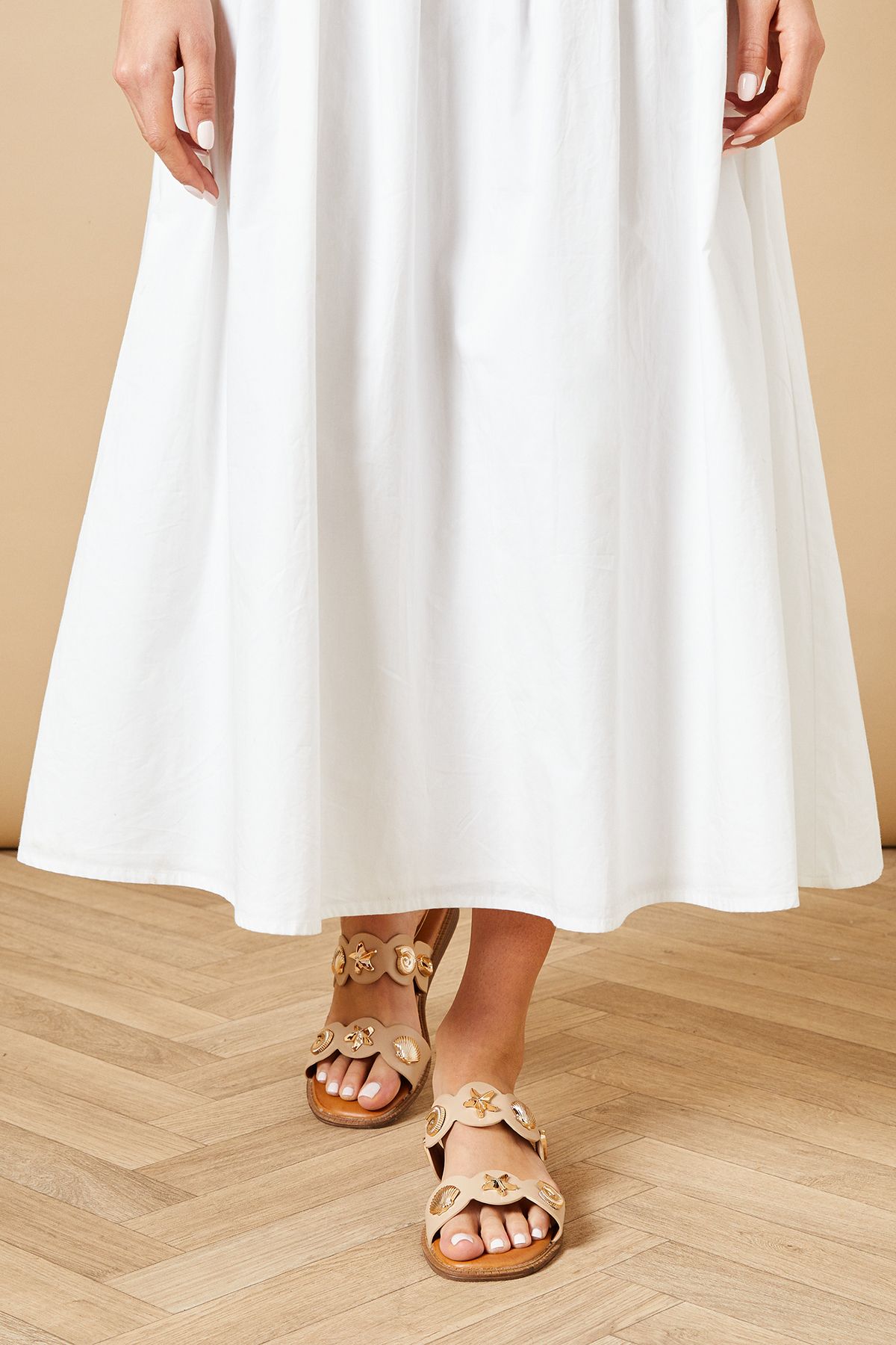 Oasis Sundial Faux Leather Shell Trim Double Strap Sliders Beige image 2