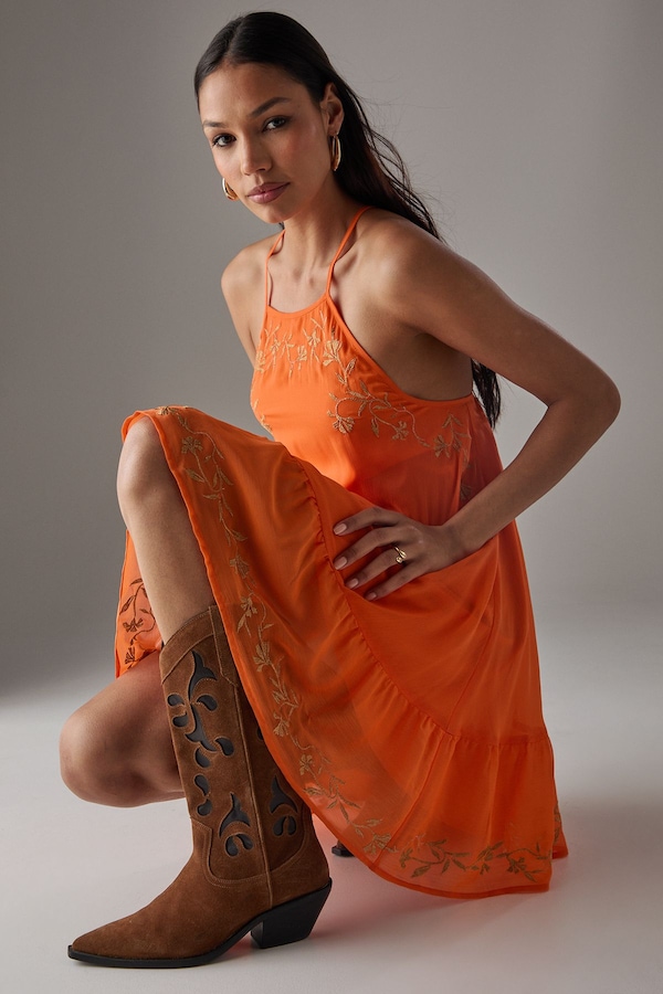 Warehouse HCD Chiffon Embroidered Halter Mini Dress Pink