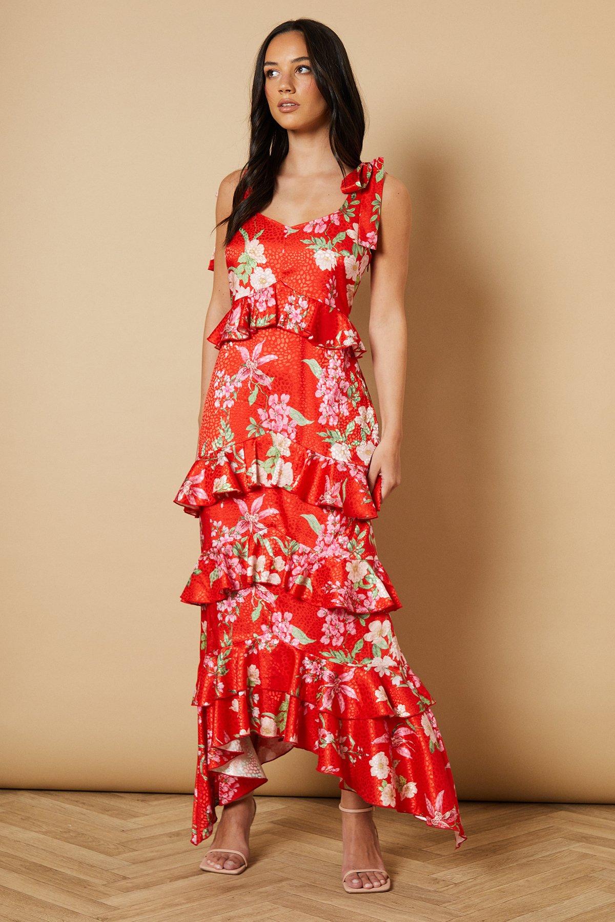 Oasis Red Printed Satin Jacquard Tiered Midi Dress | PrettyLittleThing