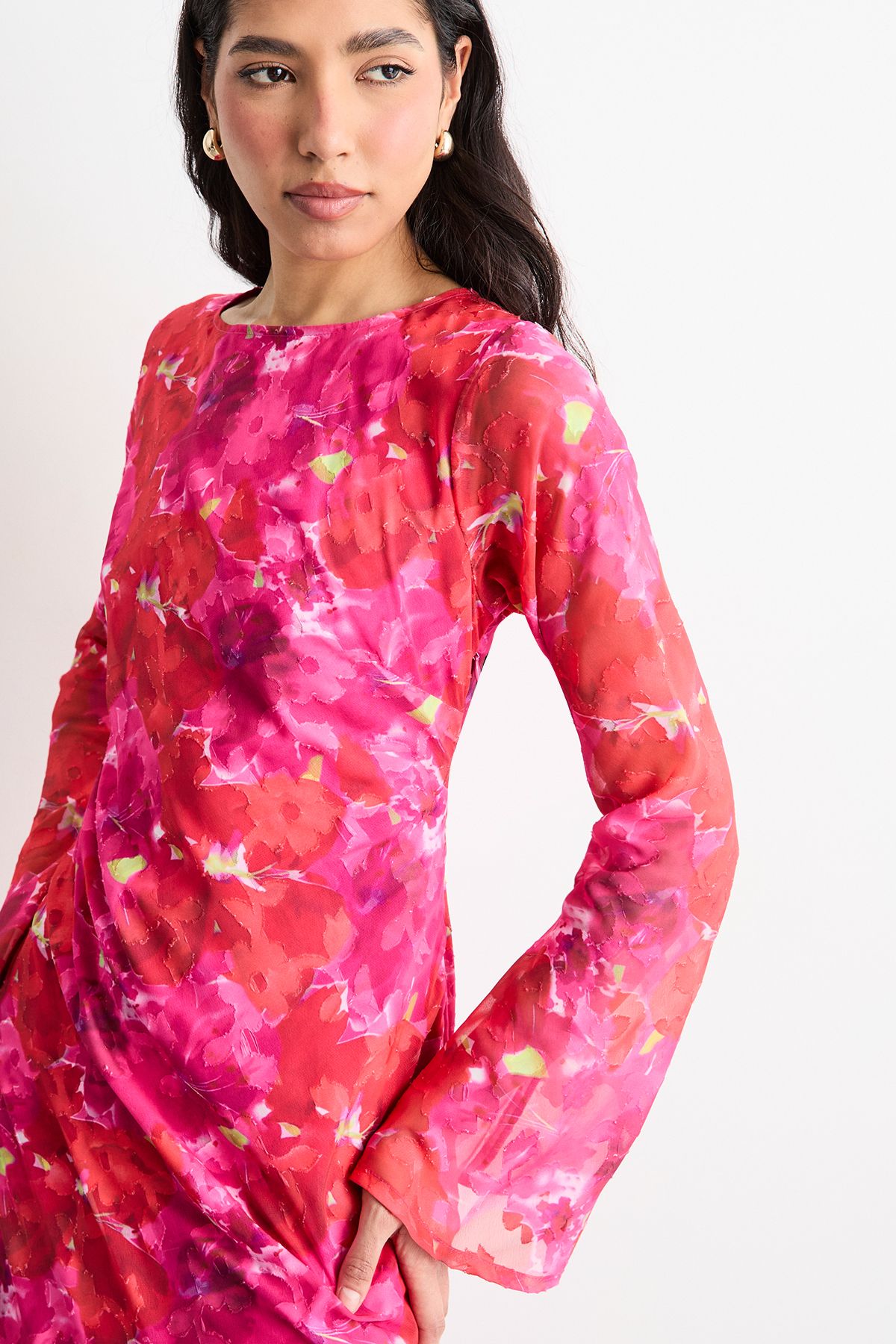 Warehouse Burnout Floral Chiffon Slash Neck Bias Midi Dress Pink image 2