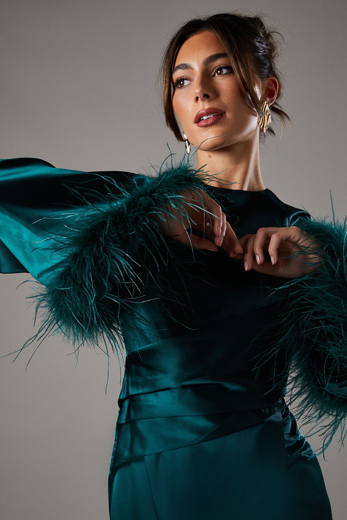 Coast Feather Trim Satin Maxi Dress Green image 2