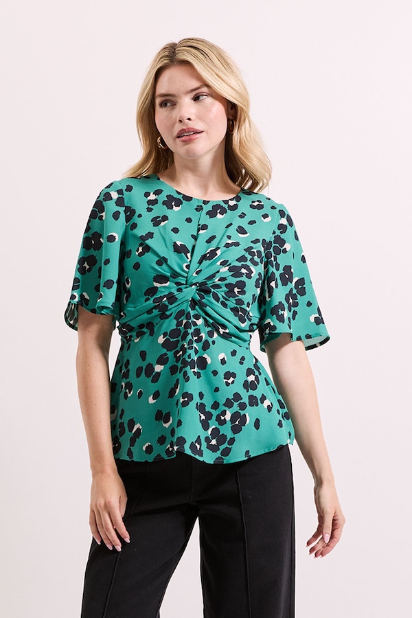 Dorothy Perkins Green Animal Twist Front Angel Sleeve Top Animal