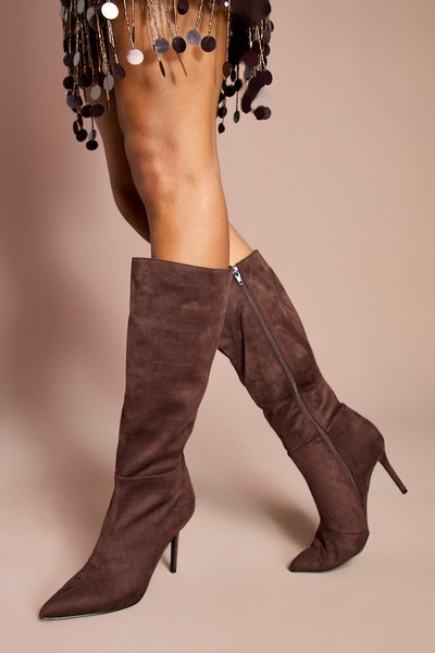 Coast Eleanor Faux Croc Embossed Suede High Stiletto Knee Boots Choc Brown