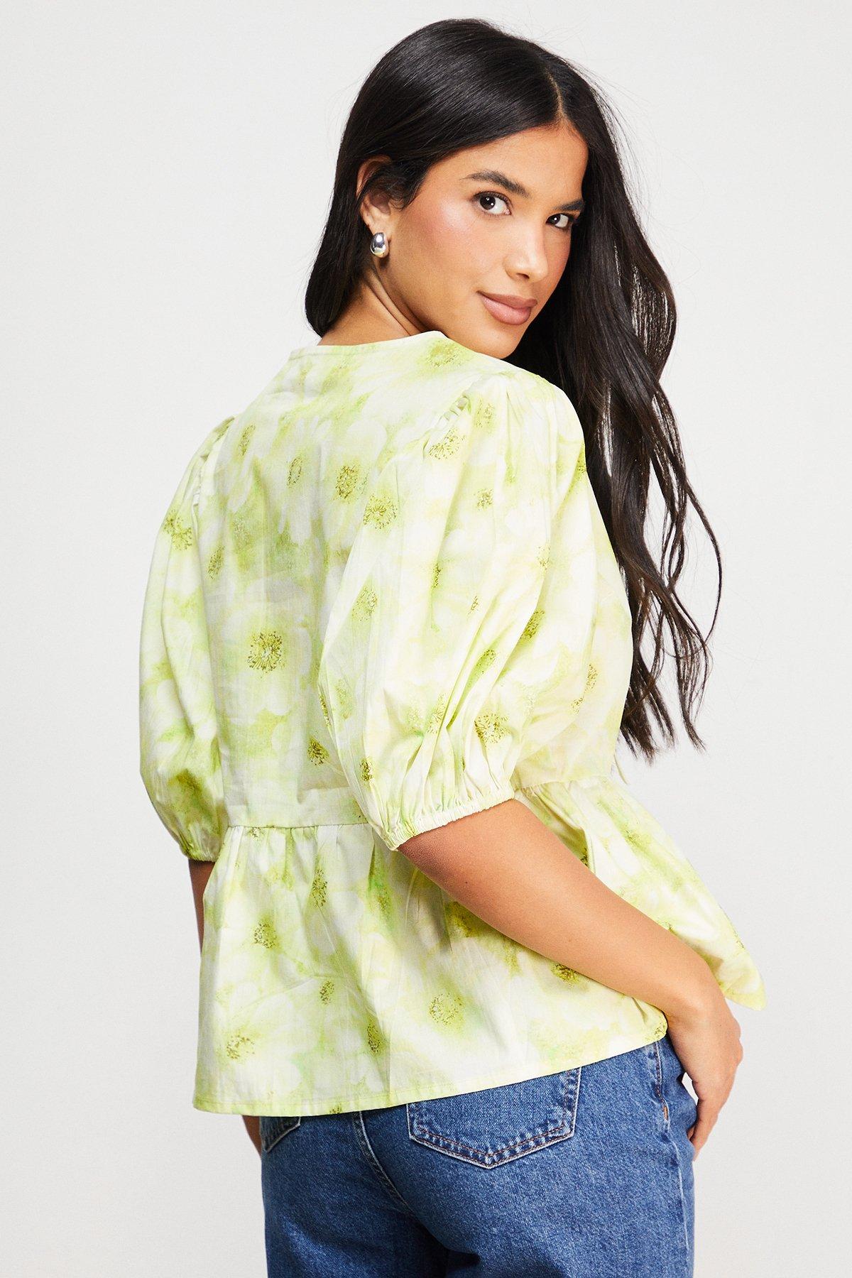 Warehouse Print Poplin Tie Front Volume Sleeve Blouse Lime image 3