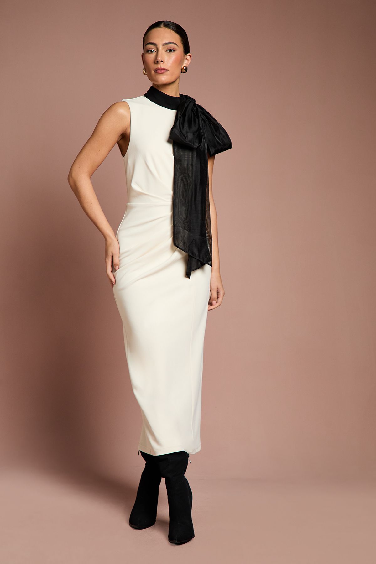 Coast Lisa Tan Stretch Crepe Organza Pussybow Column Midi Dress Cream image 1