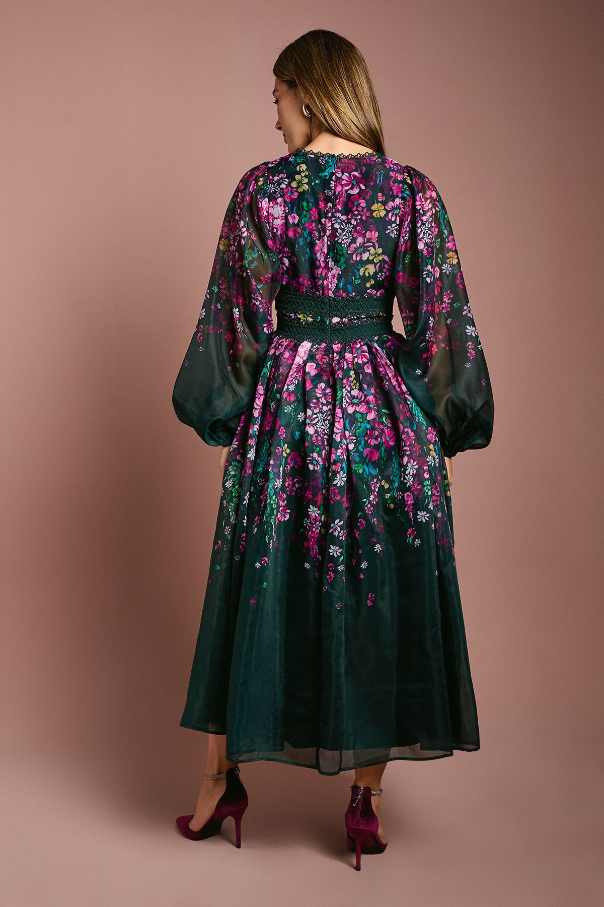 Coast Organza Floral Placement Lace Trim Midaxi Dress Forest image 4