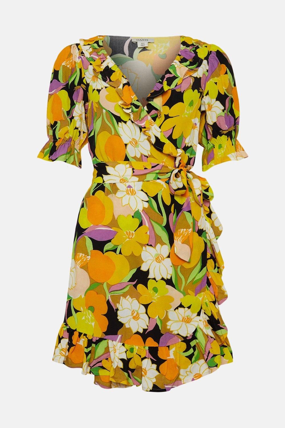 Oasis Graphic Floral Wrap Skater Dress Yellow image 4