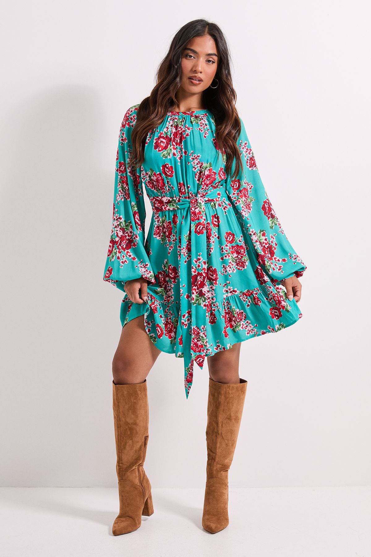 Dorothy Perkins Petite Floral Printed Blouson Sleeve Mini Dress Floral image 1