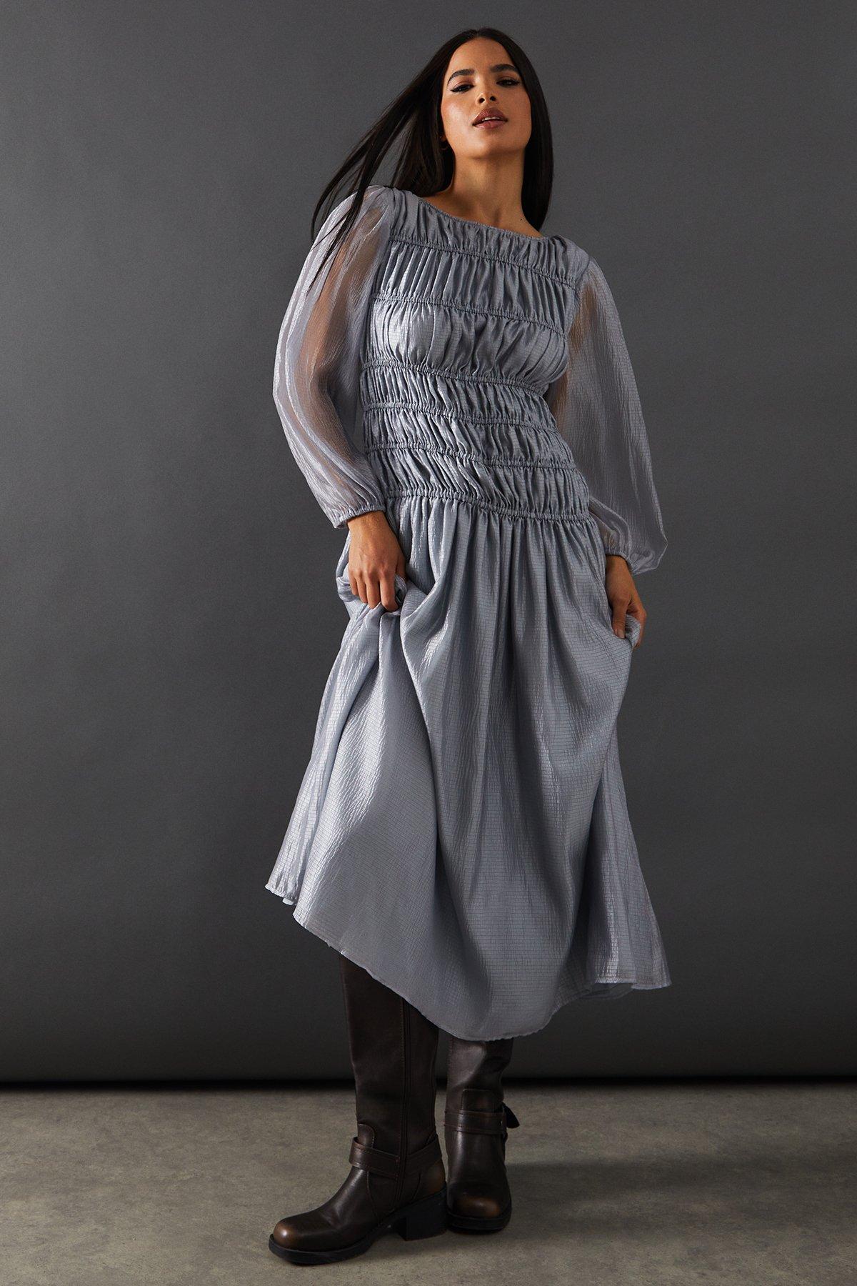 Warehouse Shirred Chiffon Panel Bodice Midi Dress Silver image 1