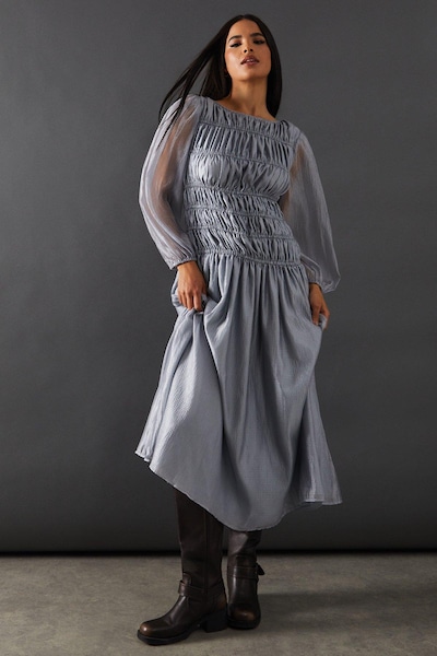 Warehouse Shirred Chiffon Panel Bodice Midi Dress Silver