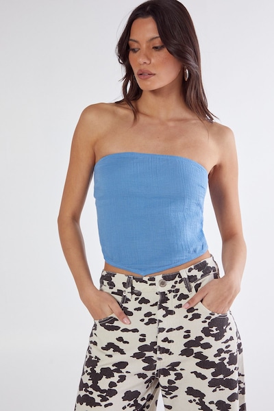 NastyGal Textured Casual Hanky Hem Tie Back Top Blue