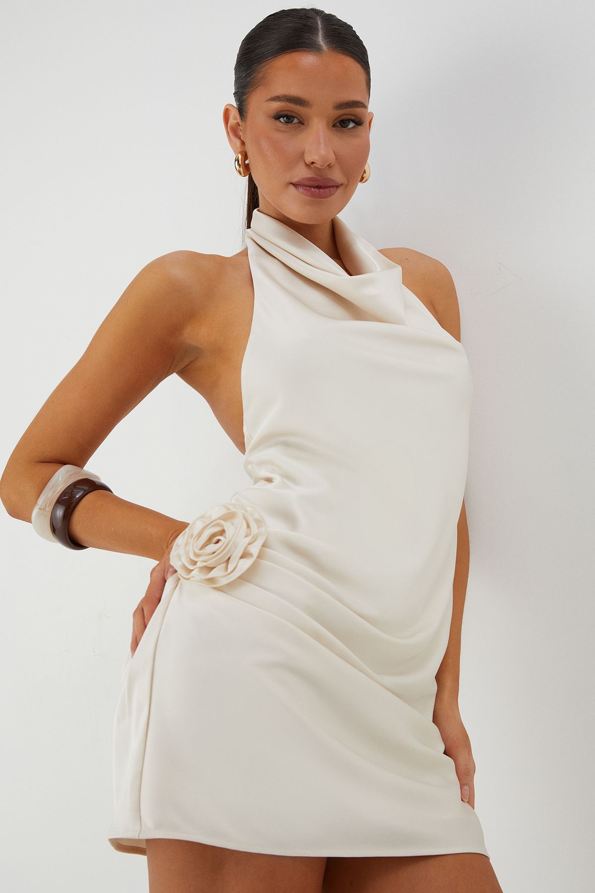 MissPap Satin Cowl Corsage Drape Mini Dress Ivory image 1