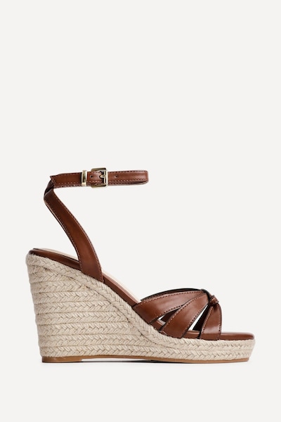 Linzi Goddess Brown Faux Leather Espadrille Wedges