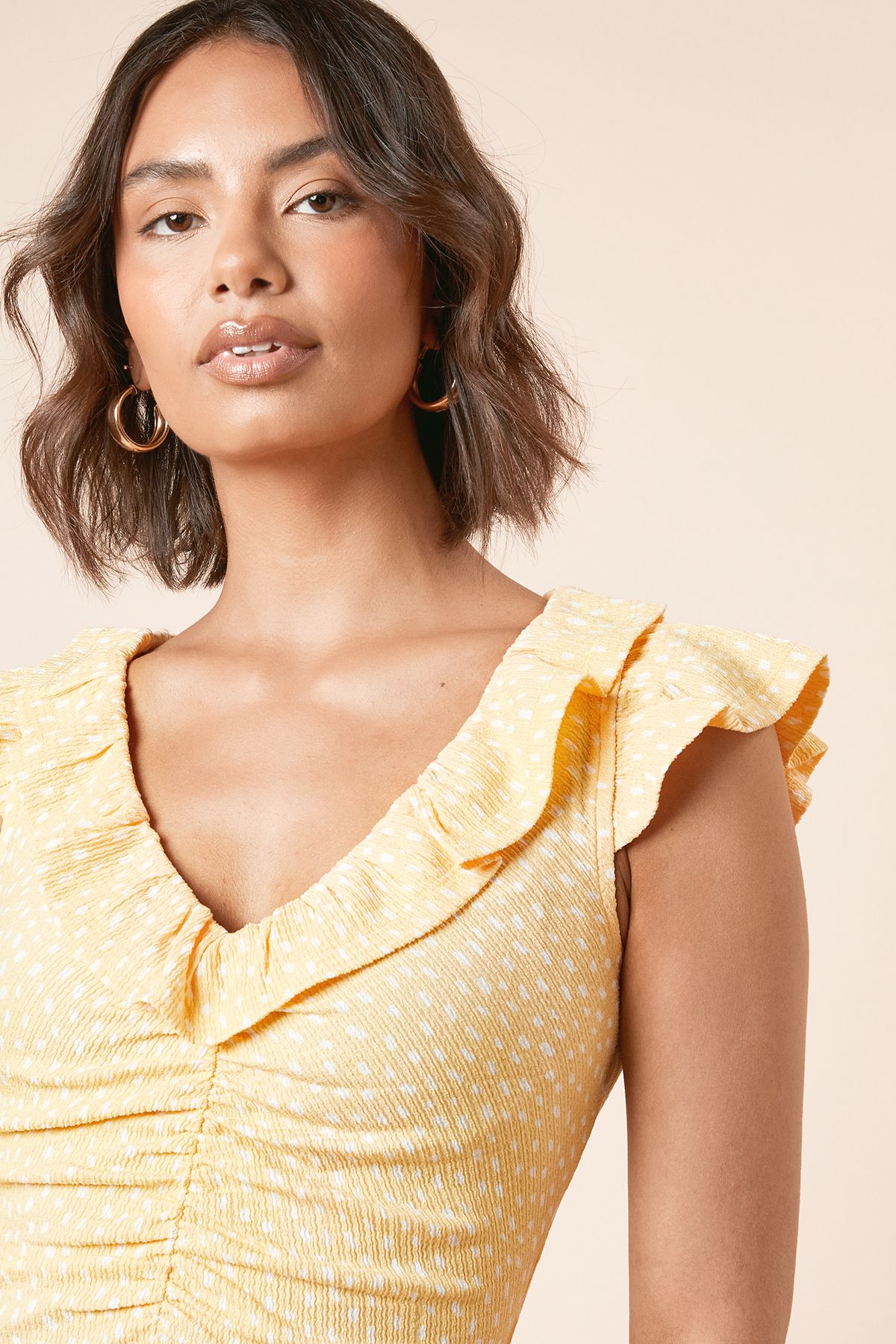 Dorothy Perkins Yellow Spot Frill Neck Ruched Front Jersey Midi Dress Yellow image 5
