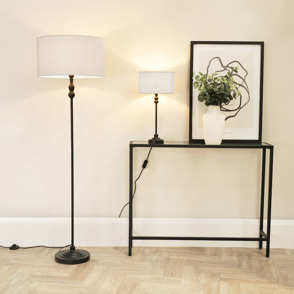 ValueLights Maggie Black Metal Candlestick Table Lamp with Fabric Drum Shade and LED Bulb image 4