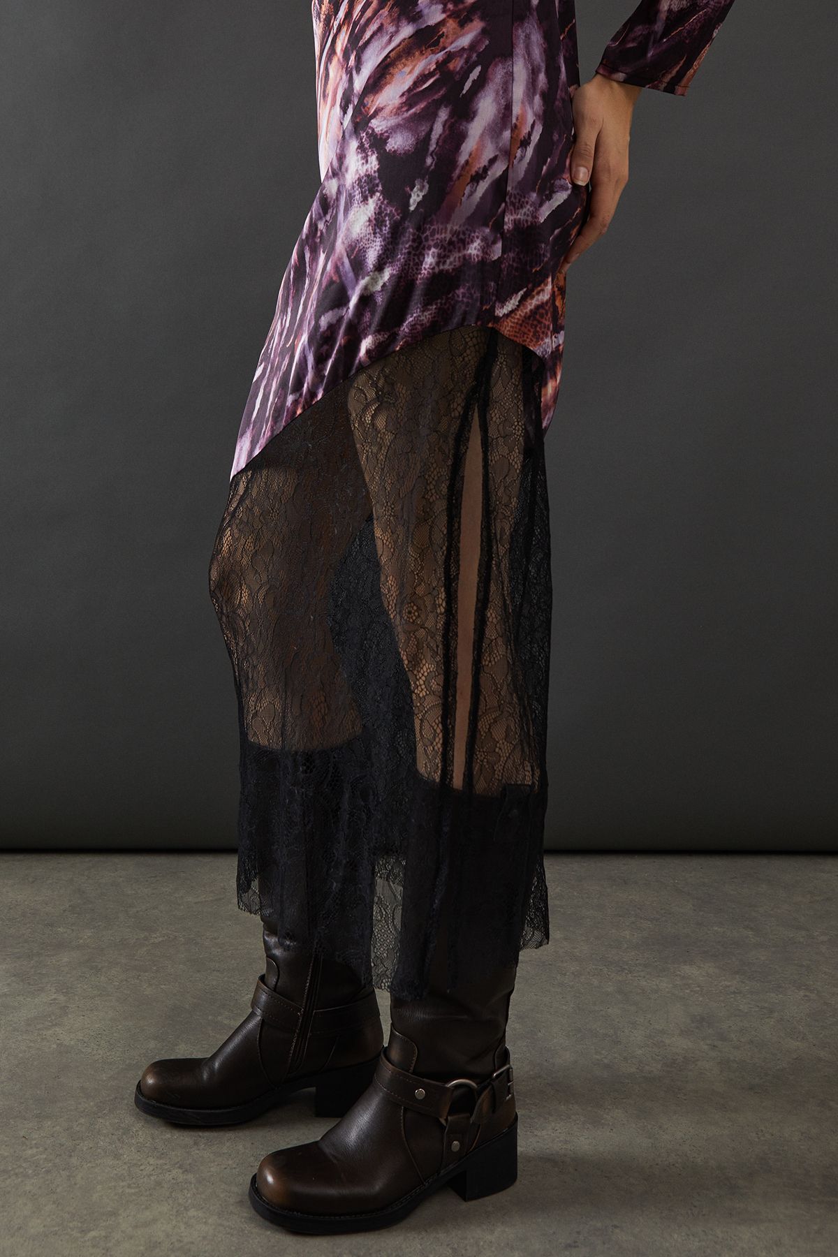 Warehouse Marble Satin Column Lace Panel Midi Dress Multi image 2