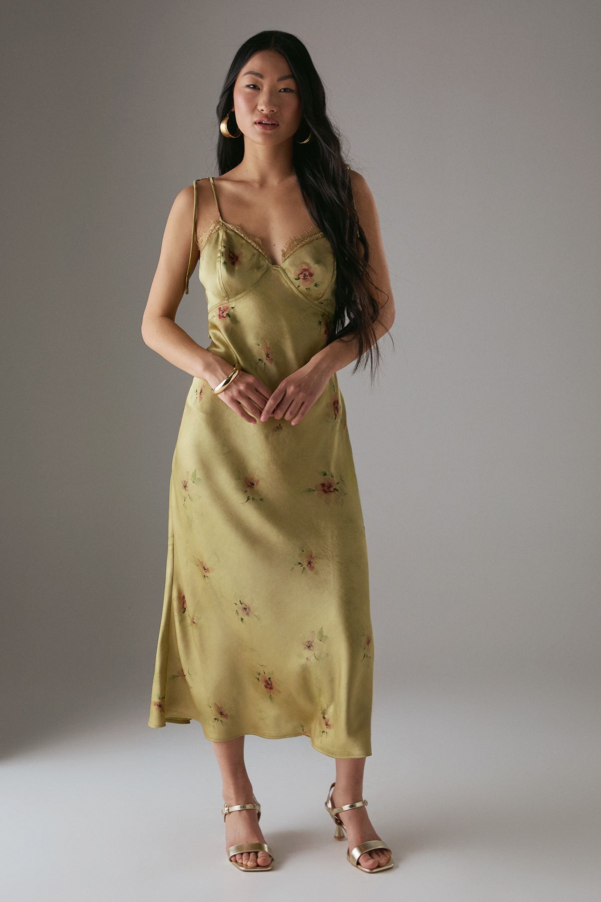 Warehouse Petite Rose Satin Tie Strap Lace Detail Midi Slip Dress Yellow