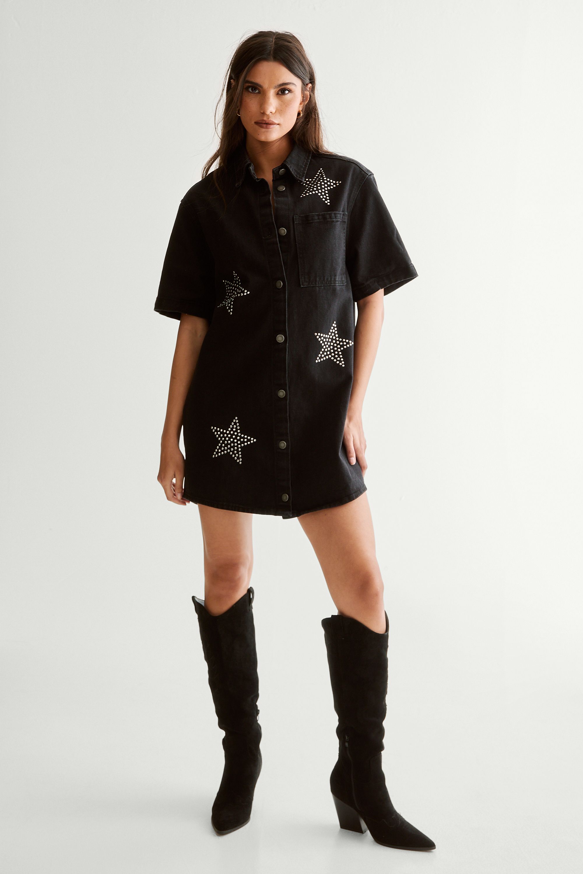 NastyGal Star Studded Denim Shirt Dress Black image 2