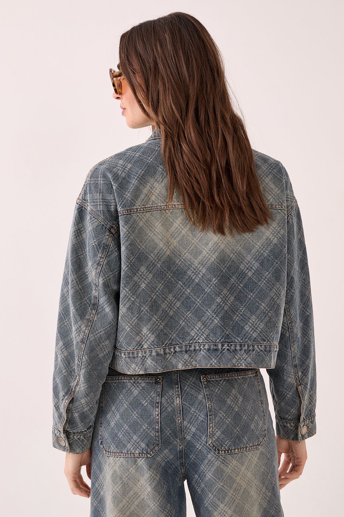 NastyGal Check Denim Distressed Jacket Authentic Midwash image 4