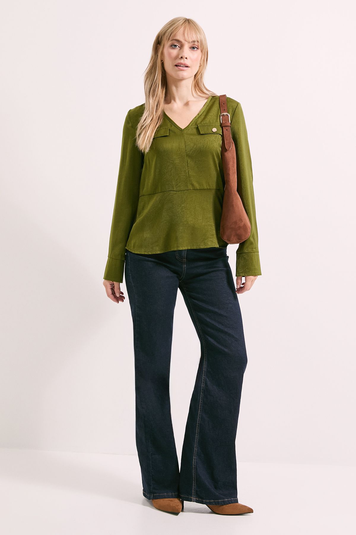 Principles Pocket Detail Satin V Neck Blouse Olive image 4