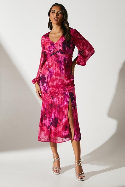 Coast Blouson Pleat Waist Burnout Midi Dress Pink