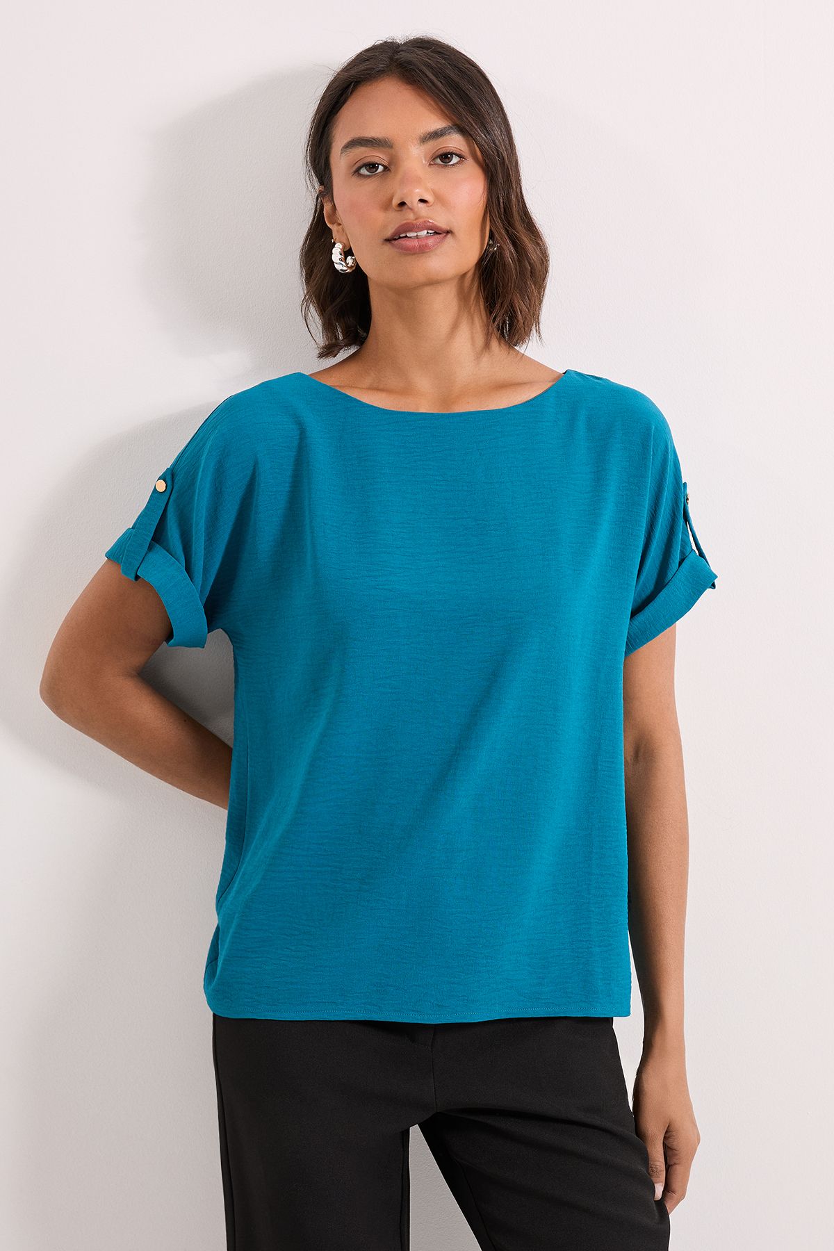 Dorothy Perkins Roll Sleeve Blouse Teal image 1