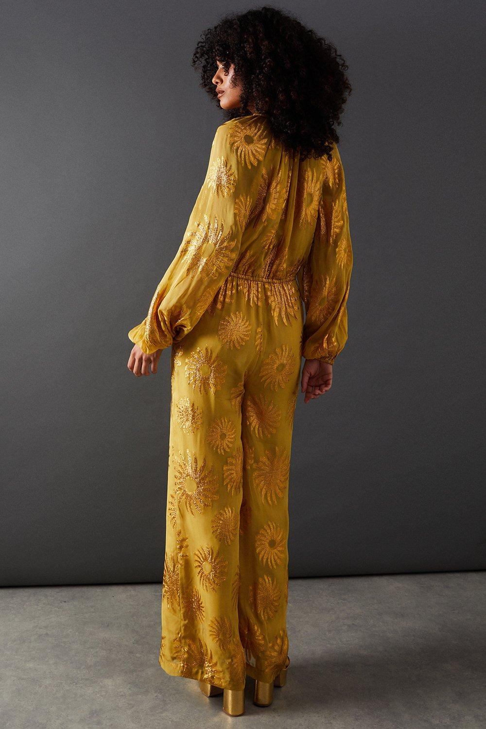 Warehouse Sun Metallic Jacquard Tie Neck Jumpsuit Gold image 3